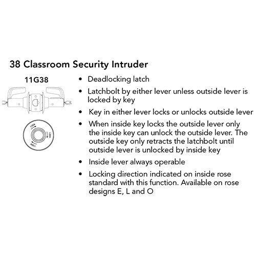 Zone Lock Set Sargent 28-11G38-LL T-Zone Classroom Security Intruder Lever Lockset