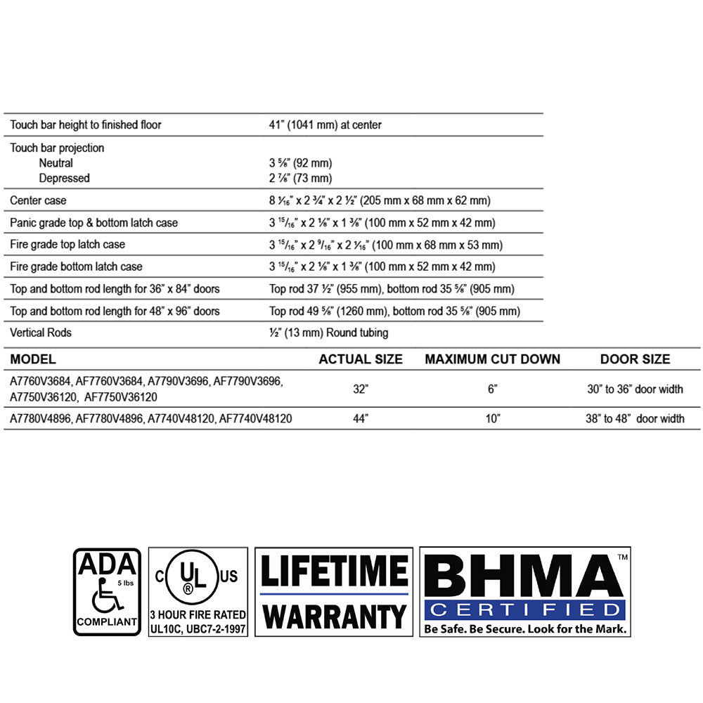 Cal-Royal A7760V/AF7760V Surface Vertical Rod Exit Device