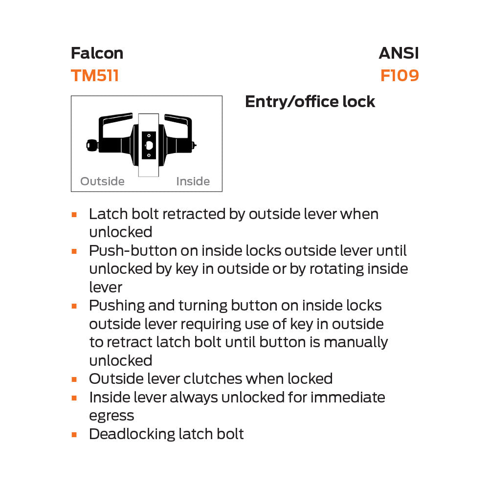 Falcon TM511B Grade-1 Heavy-Duty Cylindrical Entry/Office Lock