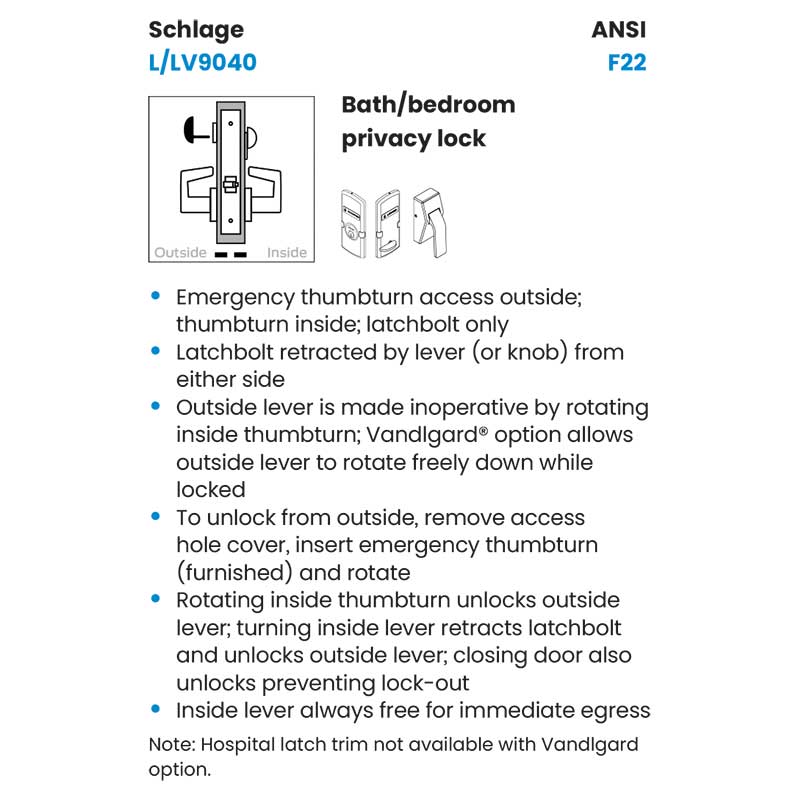 Schlage L9040 06A OS-SYM Privacy Mortise Lock with Indicator