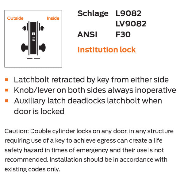 Schlage L9082B SK1 SFIC Institution Mortise Lock, Anti-Ligature Knob