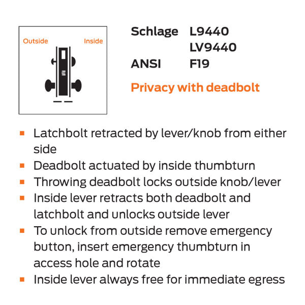Schlage L9440 06A 626 Privacy with Deadbolt Mortise Lock