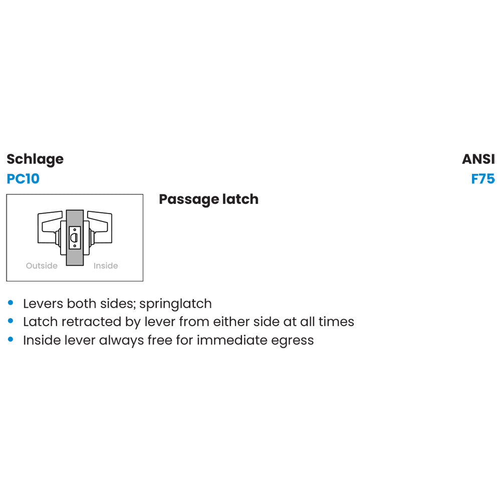 Schlage PC10 LON (Longitude) Grade-1 Passage Latch Leverset