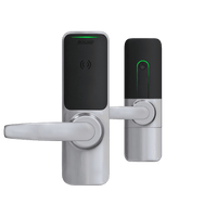 Digital door lock with a handle on a transparent background