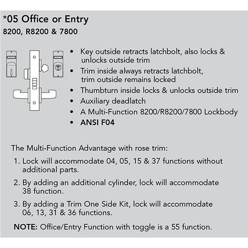 Sargent 8205 LNL Office or Entry Mortise Lock, L Lever, LN Rose