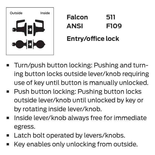 T511 Lock Falcon W511PD HANA Grade-2 Entry / Office Knob Lockset