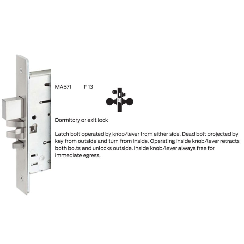 Falcon MA571 DN Dormitory/Exit Mortise Lock, Dane Napa Lever