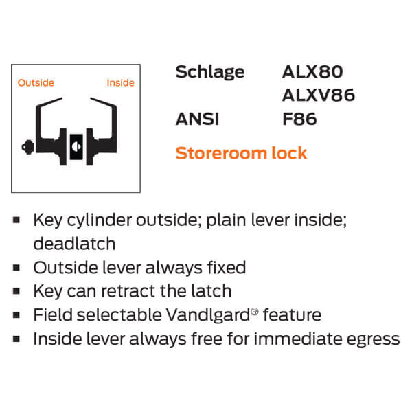 Schlage ALX80R RHO (Rhodes) Grade-2 FSIC Storeroom Lever Lock